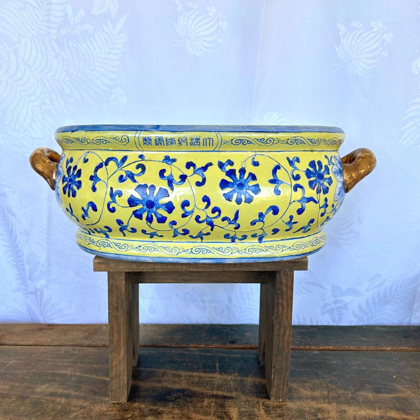 Large Vintage Chinoiserie Blue and Yellow Asian Footbath with Gilded Handles