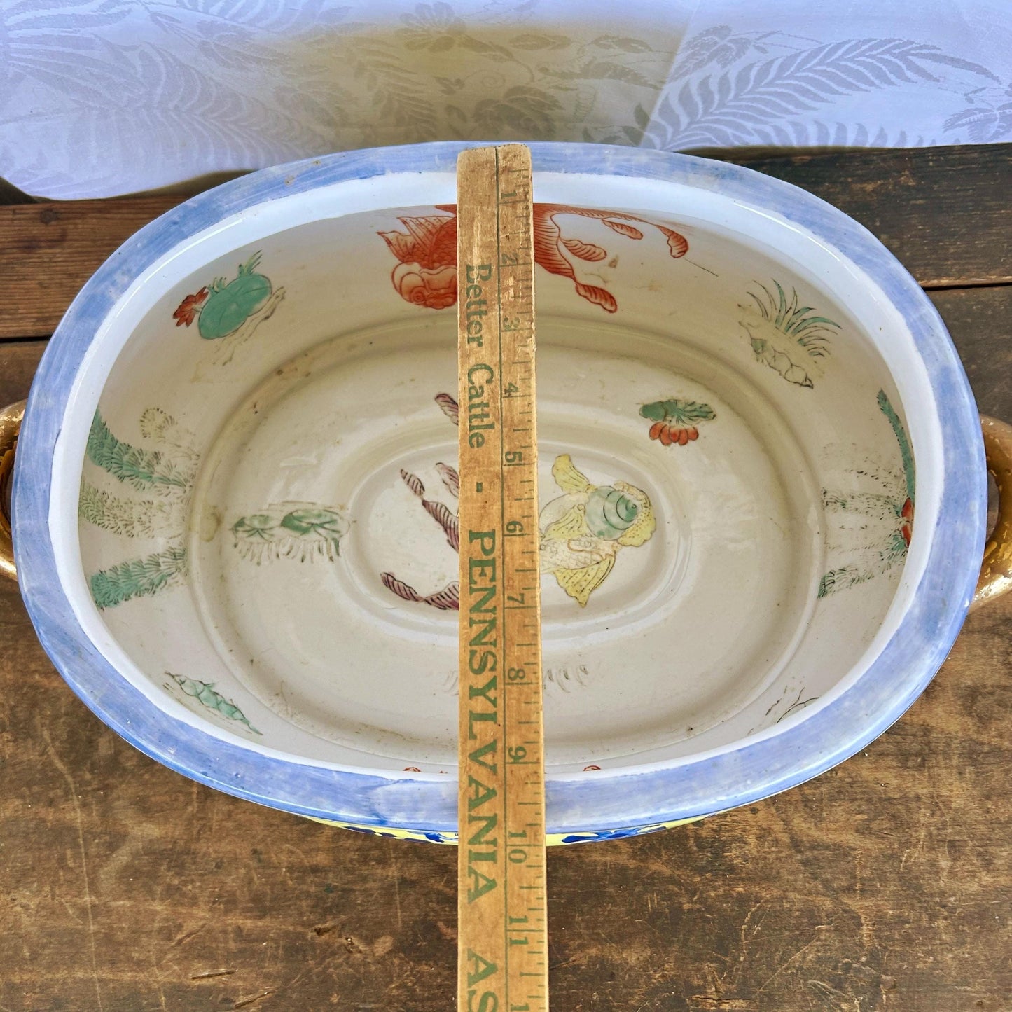 Large Vintage Chinoiserie Blue and Yellow Asian Footbath with Gilded Handles