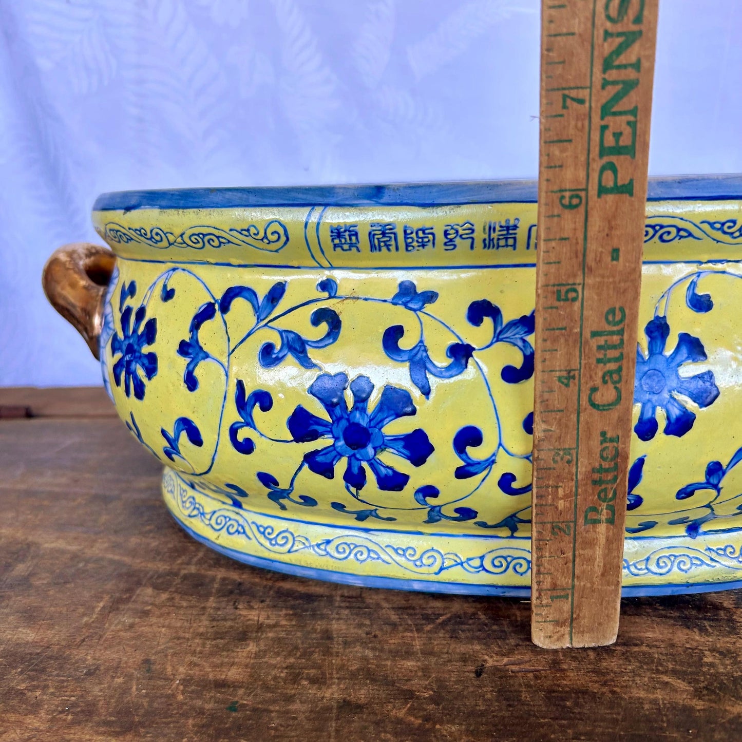 Large Vintage Chinoiserie Blue and Yellow Asian Footbath with Gilded Handles
