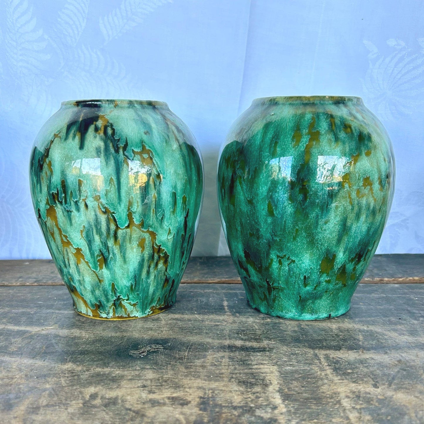 Pair of Brush McCoy Pottery Blended Green Onyx Vases 050