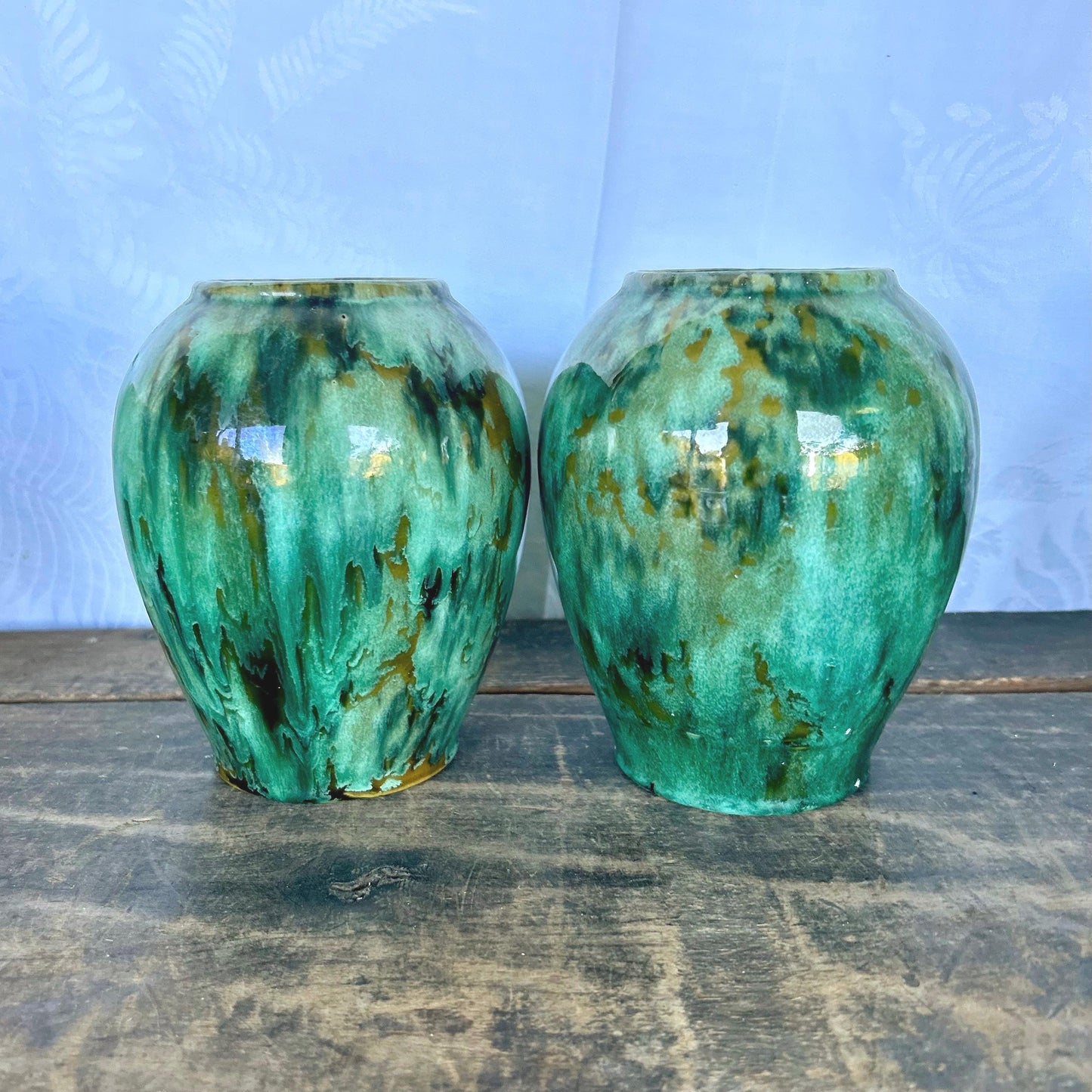 Pair of Brush McCoy Pottery Blended Green Onyx Vases 050