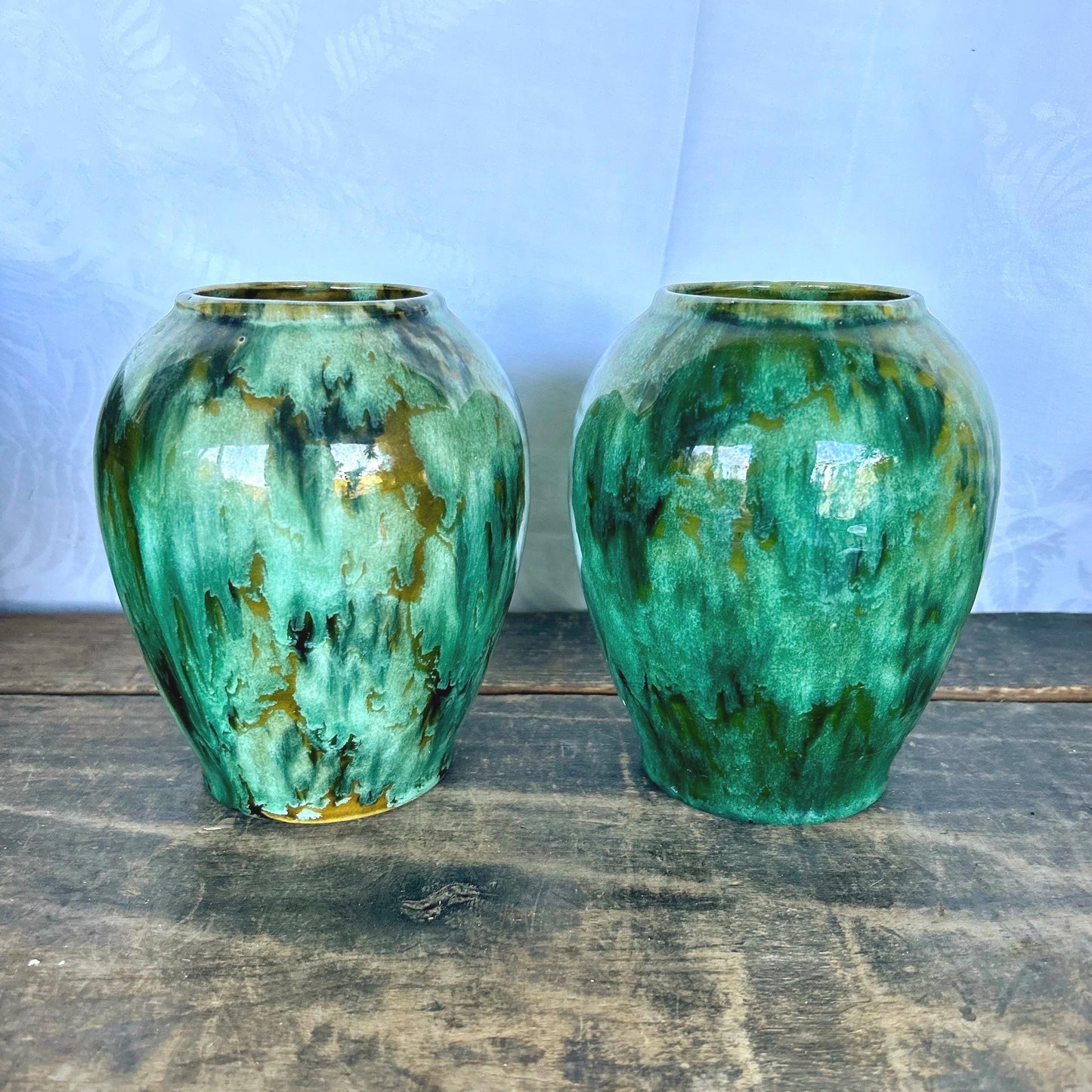 Pair of Brush McCoy Pottery Blended Green Onyx Vases 050