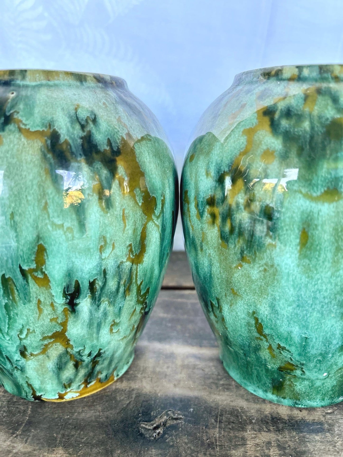 Pair of Brush McCoy Pottery Blended Green Onyx Vases 050