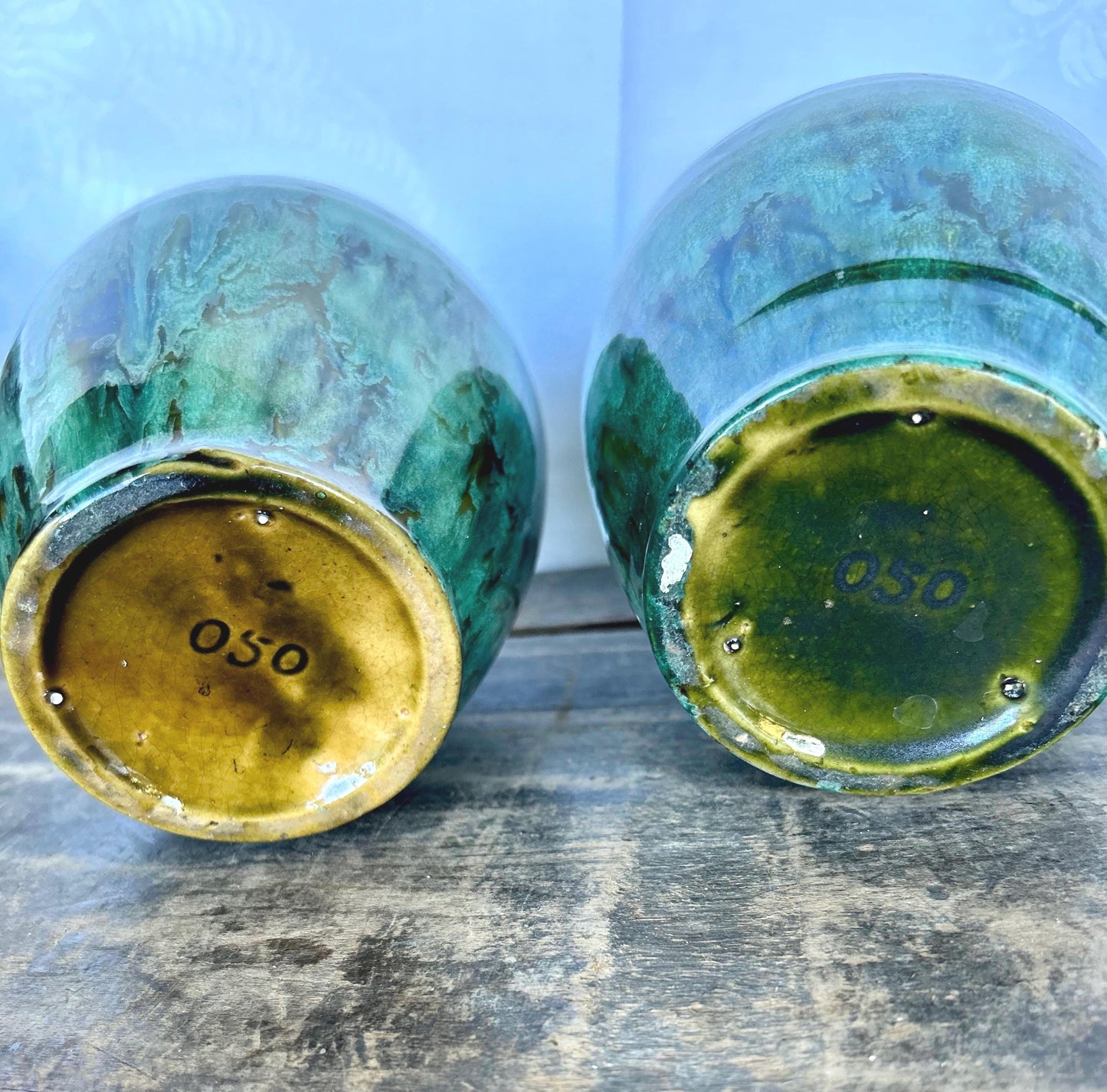 Pair of Brush McCoy Pottery Blended Green Onyx Vases 050