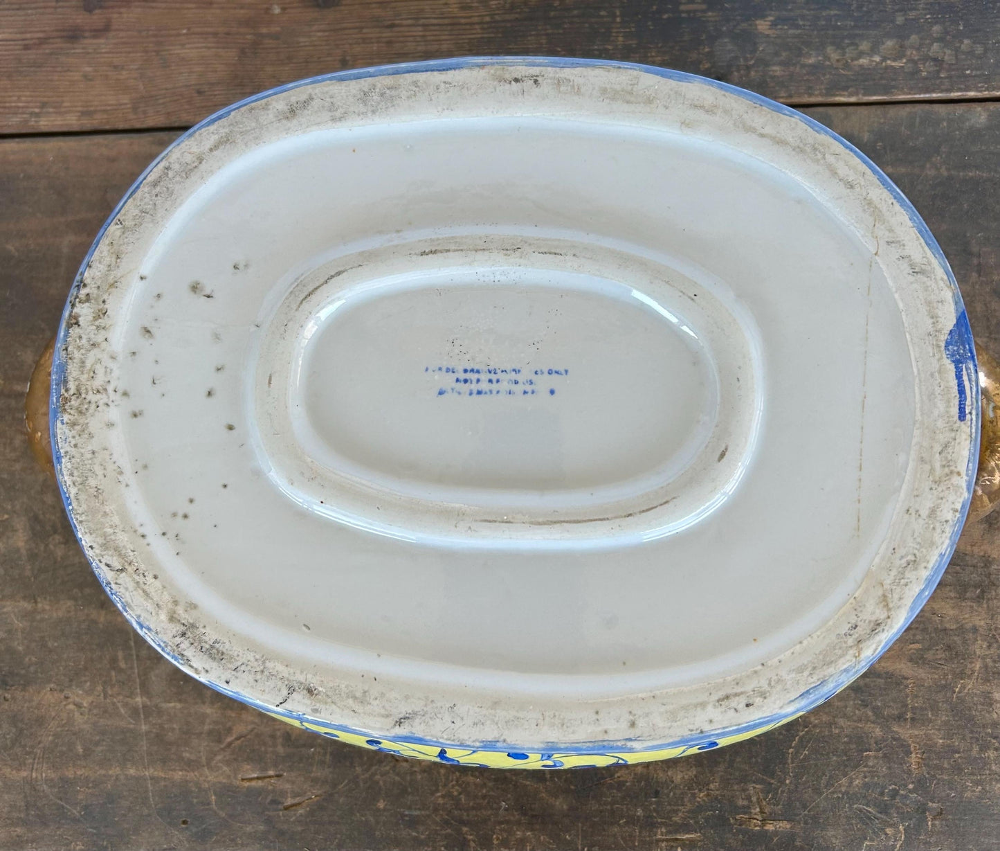 Large Vintage Chinoiserie Blue and Yellow Asian Footbath with Gilded Handles