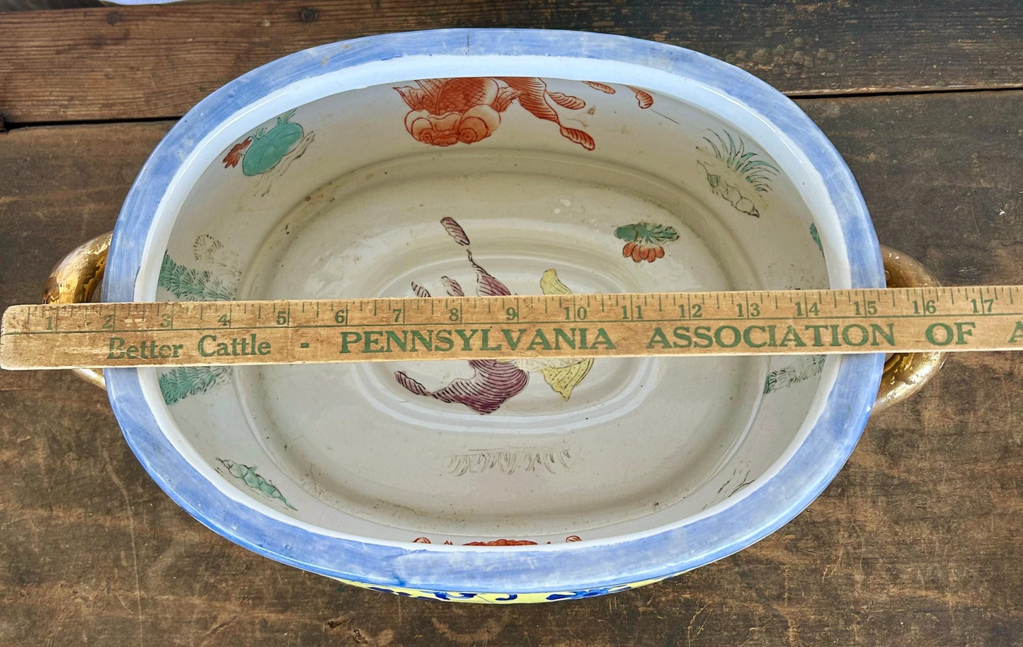 Large Vintage Chinoiserie Blue and Yellow Asian Footbath with Gilded Handles