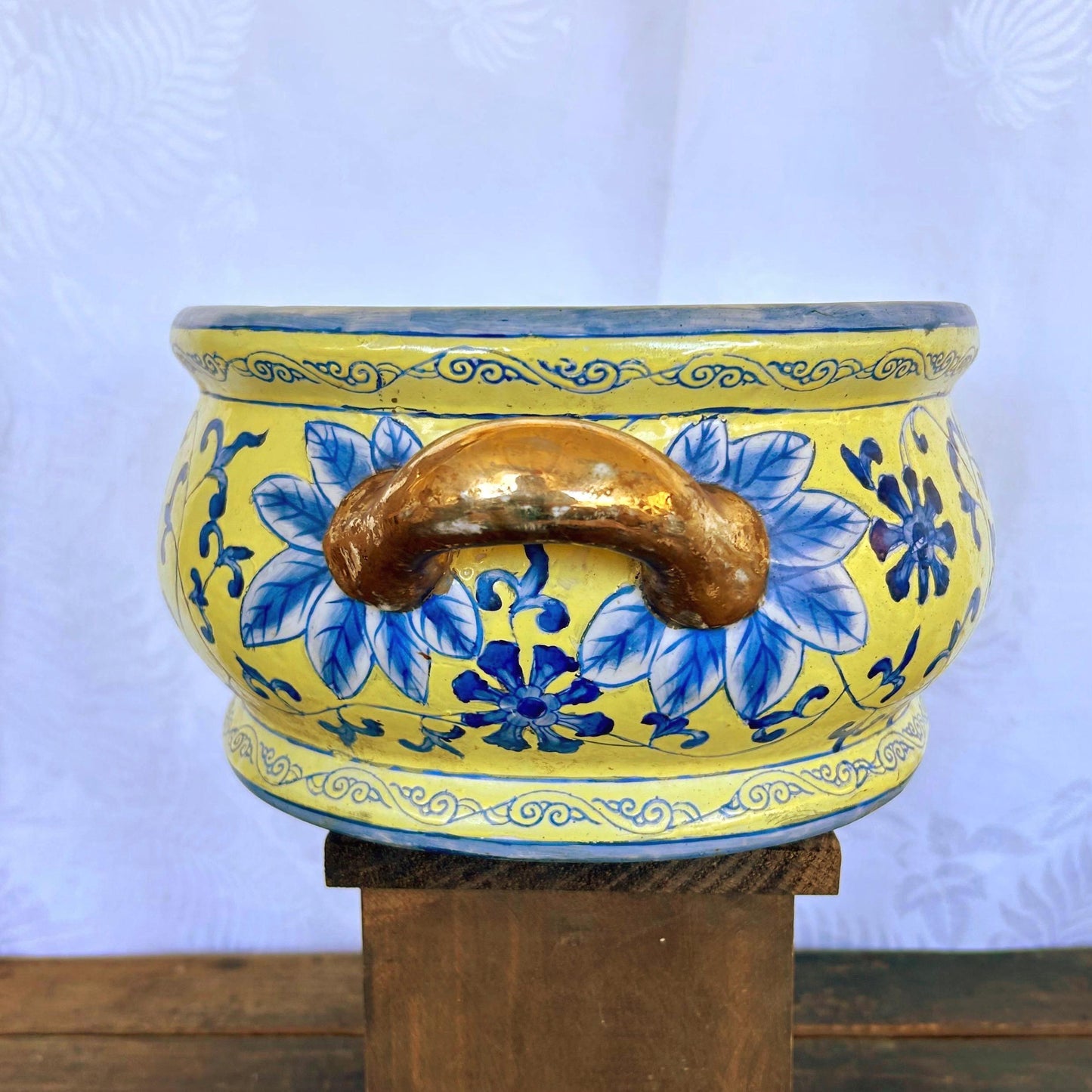 Large Vintage Chinoiserie Blue and Yellow Asian Footbath with Gilded Handles