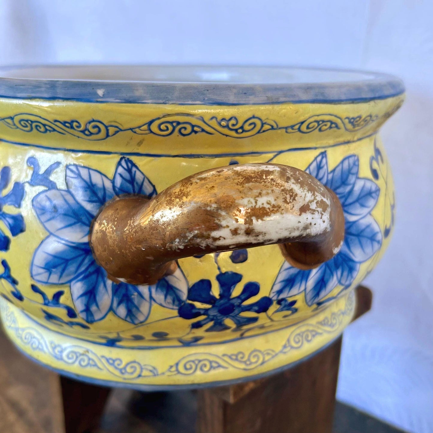 Large Vintage Chinoiserie Blue and Yellow Asian Footbath with Gilded Handles