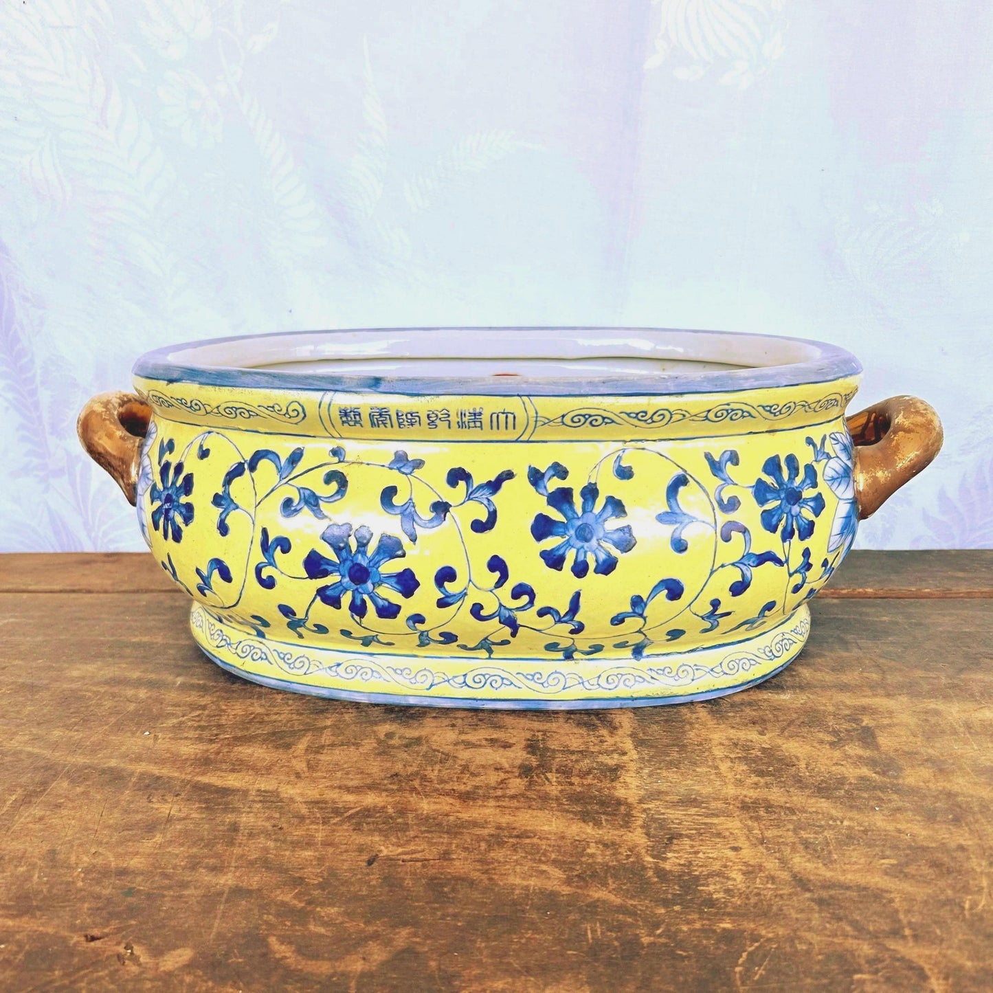 Large Vintage Chinoiserie Blue and Yellow Asian Footbath with Gilded Handles