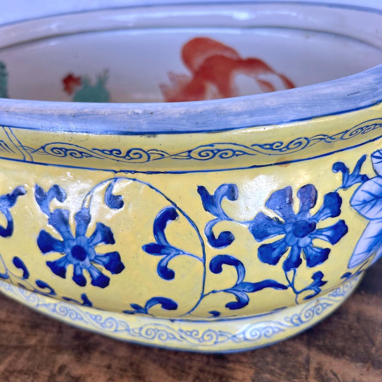 Large Vintage Chinoiserie Blue and Yellow Asian Footbath with Gilded Handles