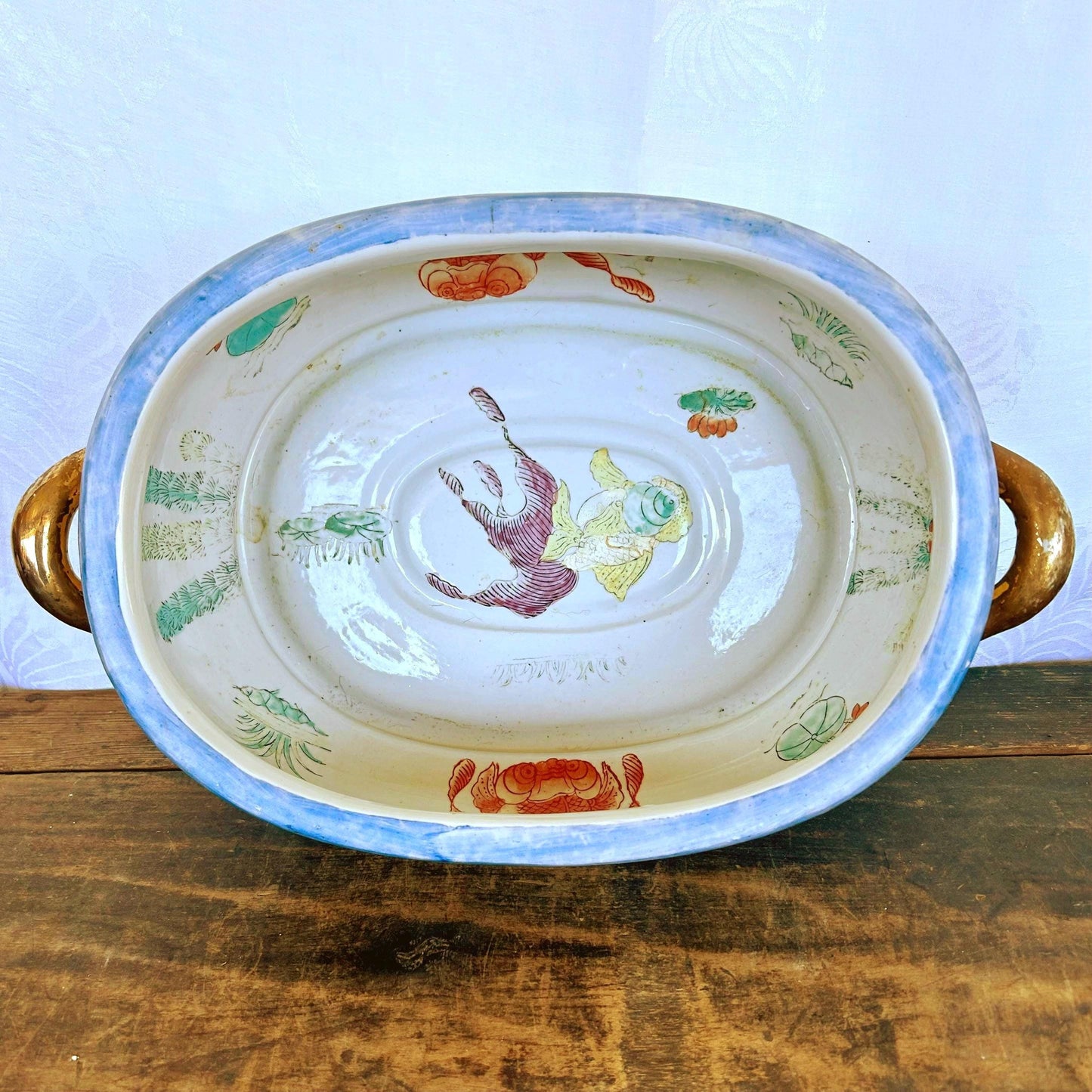 Large Vintage Chinoiserie Blue and Yellow Asian Footbath with Gilded Handles