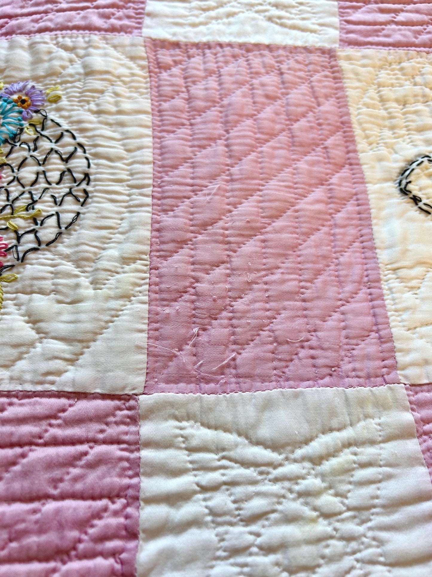 Simply Beautiful Vintage Handmade Embroidered Floral Baskets Pink and White Quilt with Prairie Points Trim