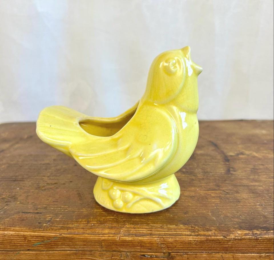 Vintage McCoy Pottery Singing Bird Planter in Glossy Yellow