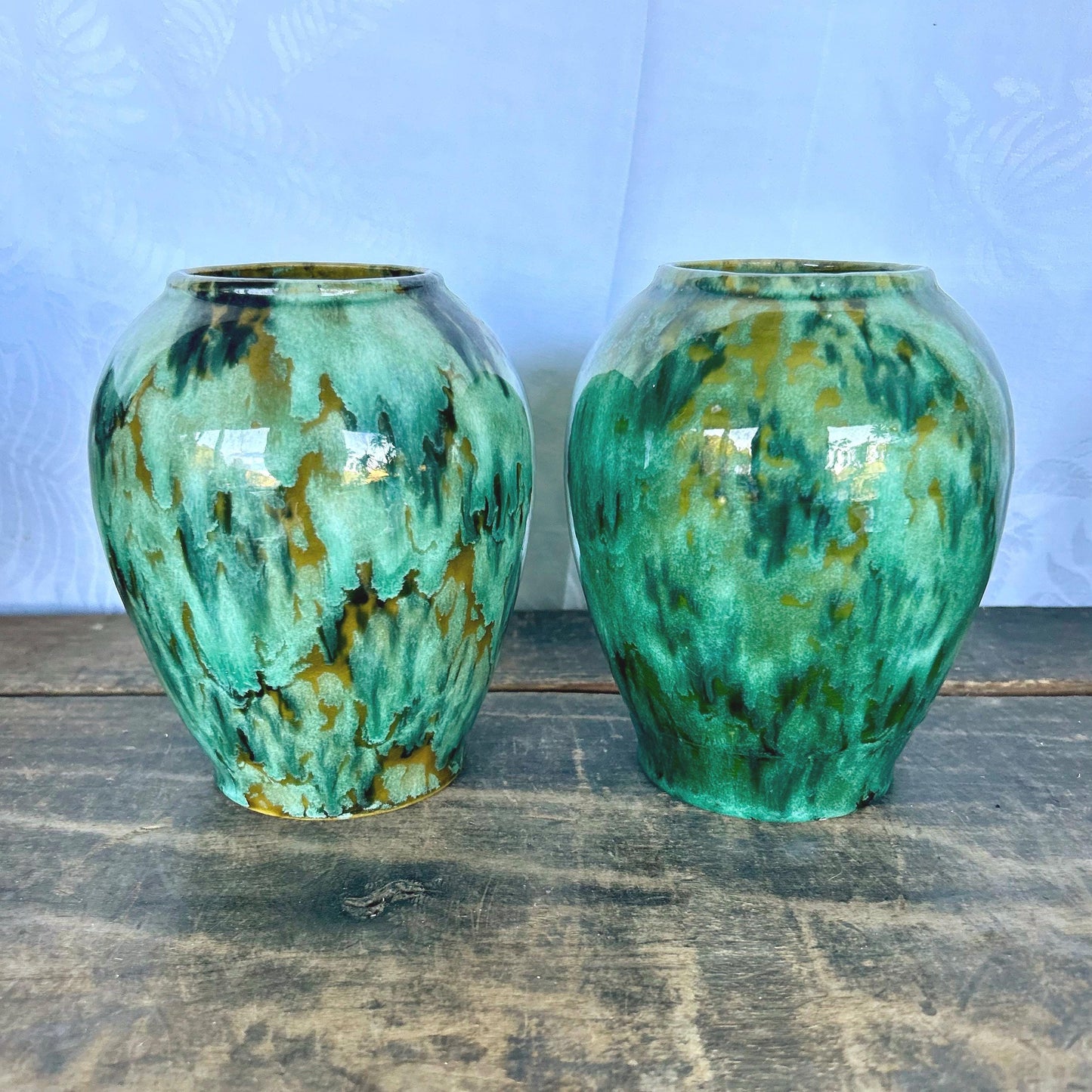 Pair of Brush McCoy Pottery Blended Green Onyx Vases 050