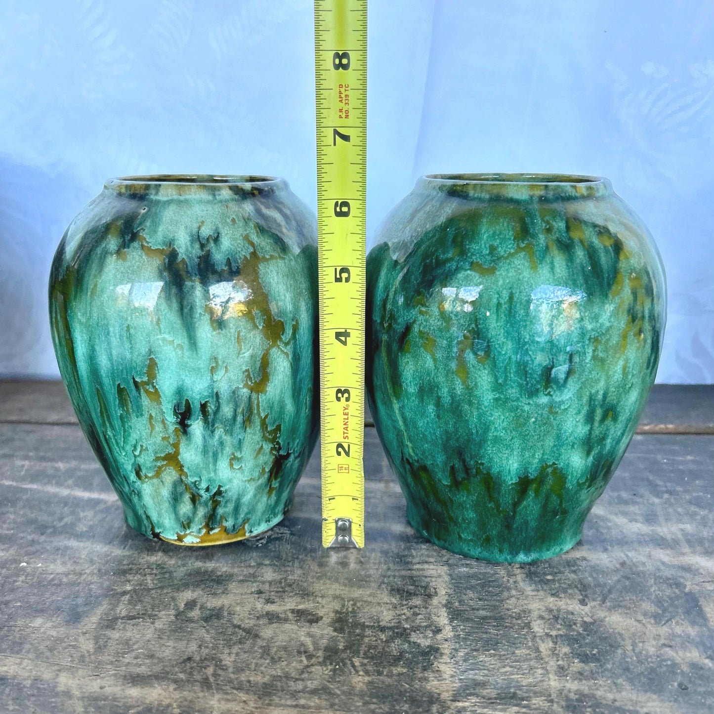 Pair of Brush McCoy Pottery Blended Green Onyx Vases 050