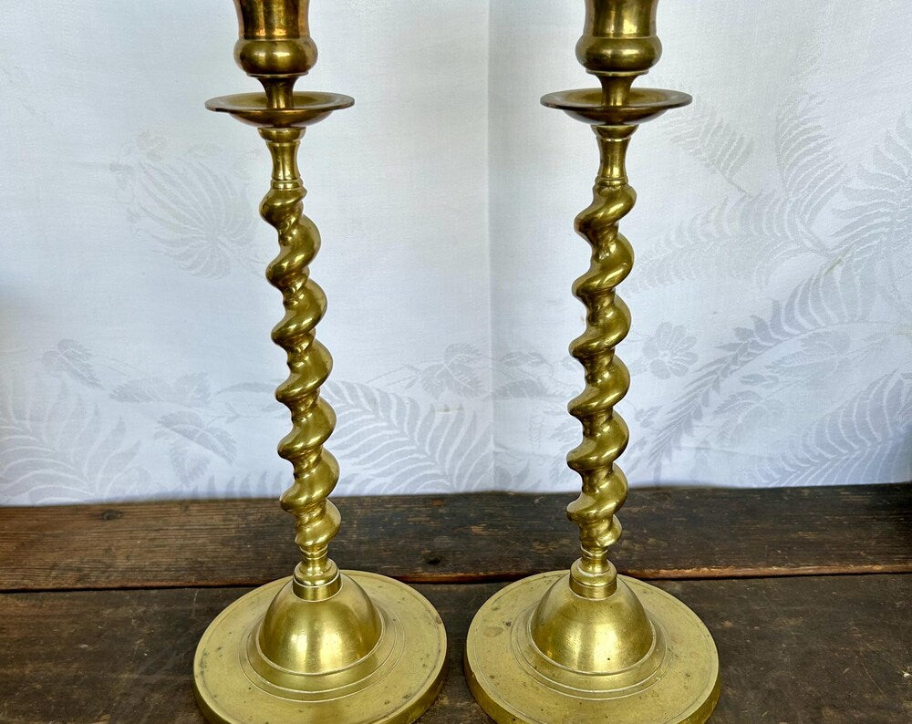 Pair of 19th Century Heavy Brass Barley Twist Candlesticks