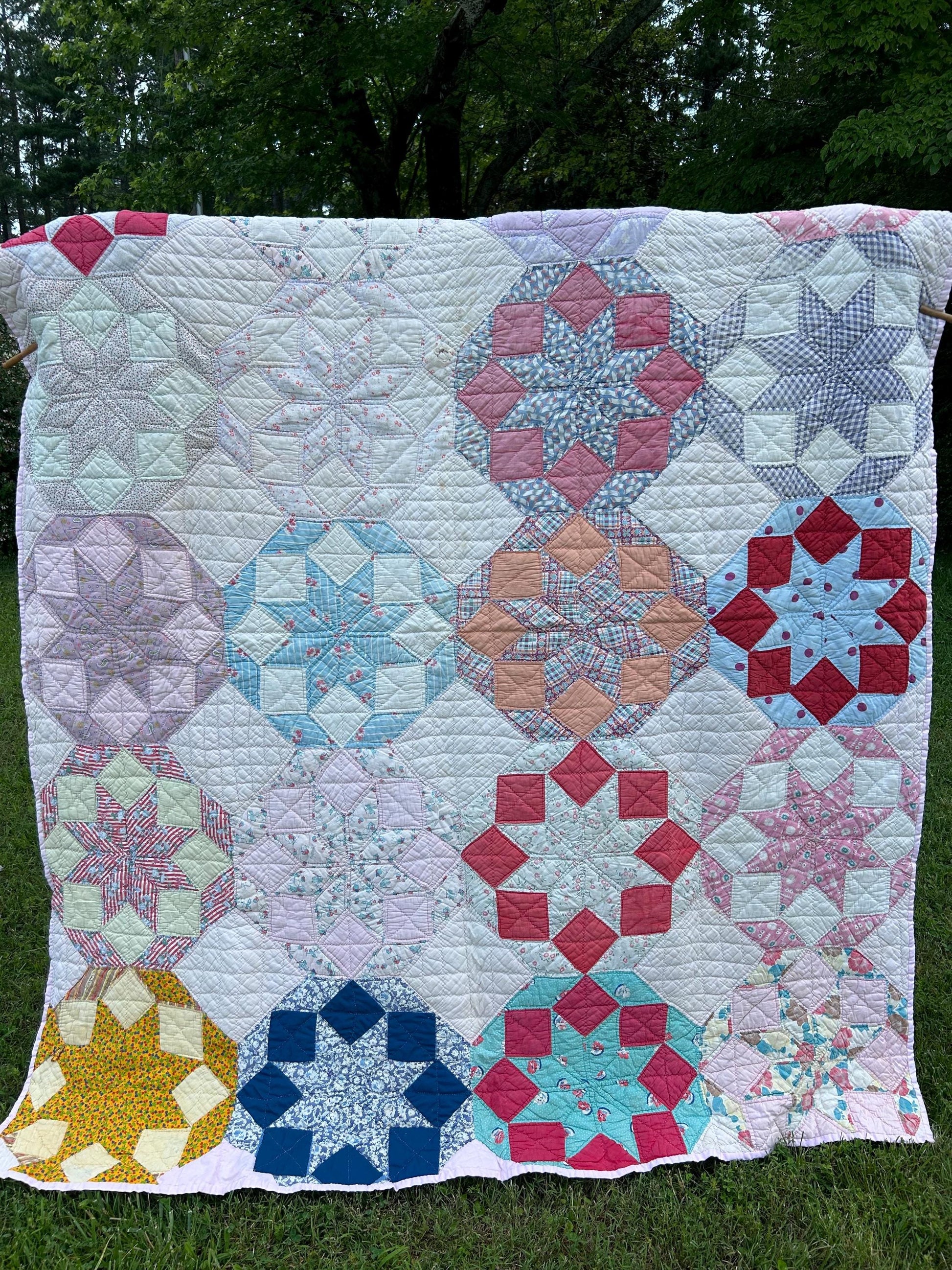 Awesome Vintage Patchwork Feedsack Quilt in a Star or Mandolin Pattern 80x70