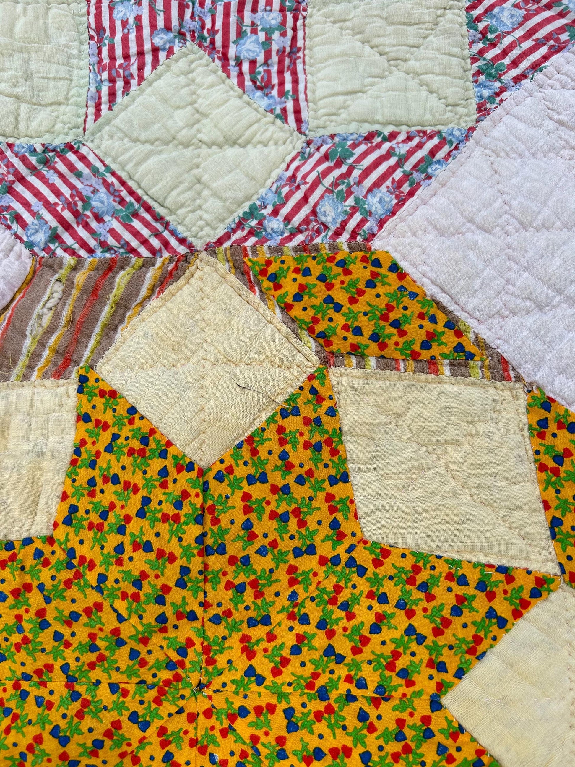 Awesome Vintage Patchwork Feedsack Quilt in a Star or Mandolin Pattern 80x70