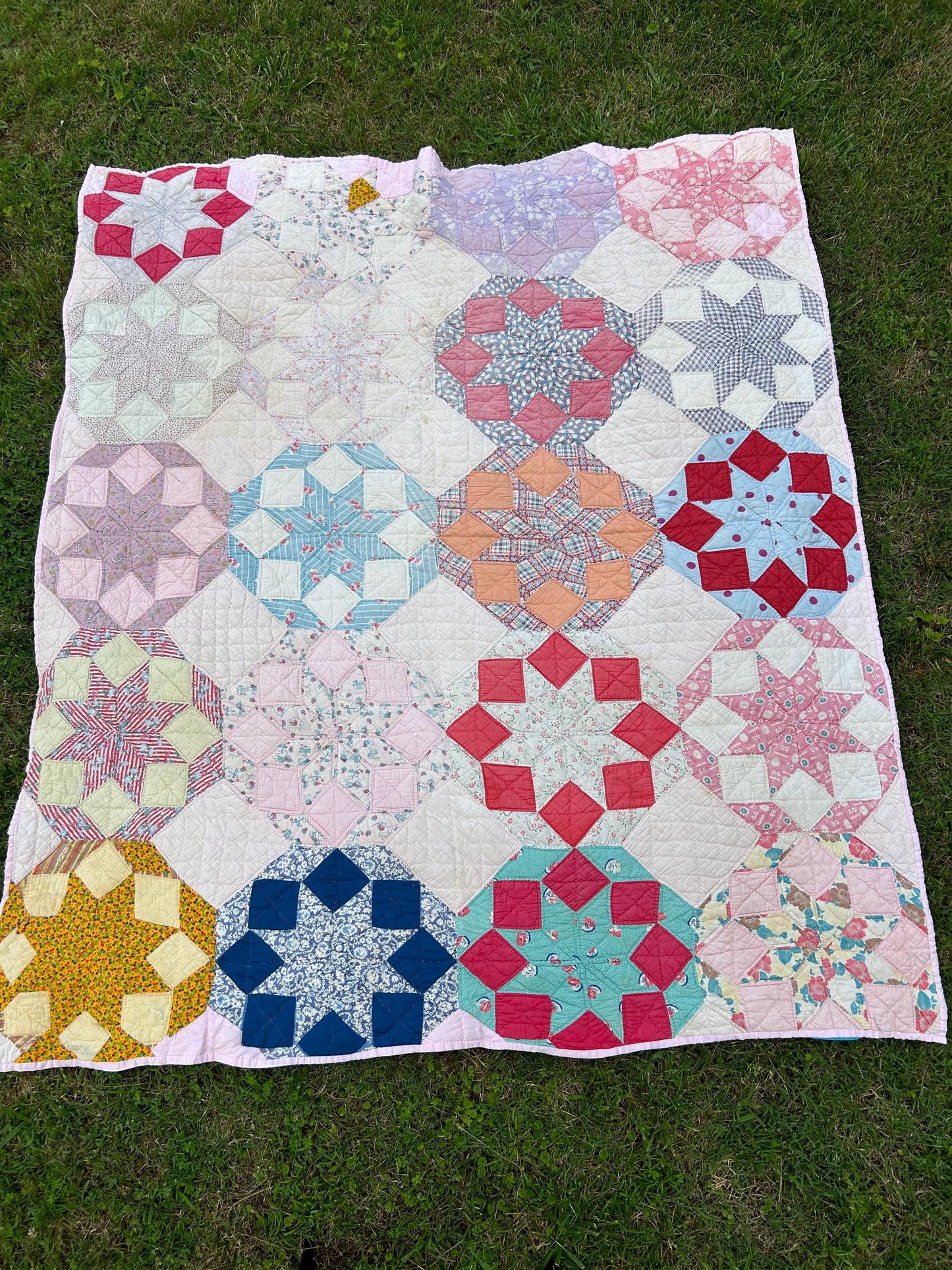 Awesome Vintage Patchwork Feedsack Quilt in a Star or Mandolin Pattern 80x70