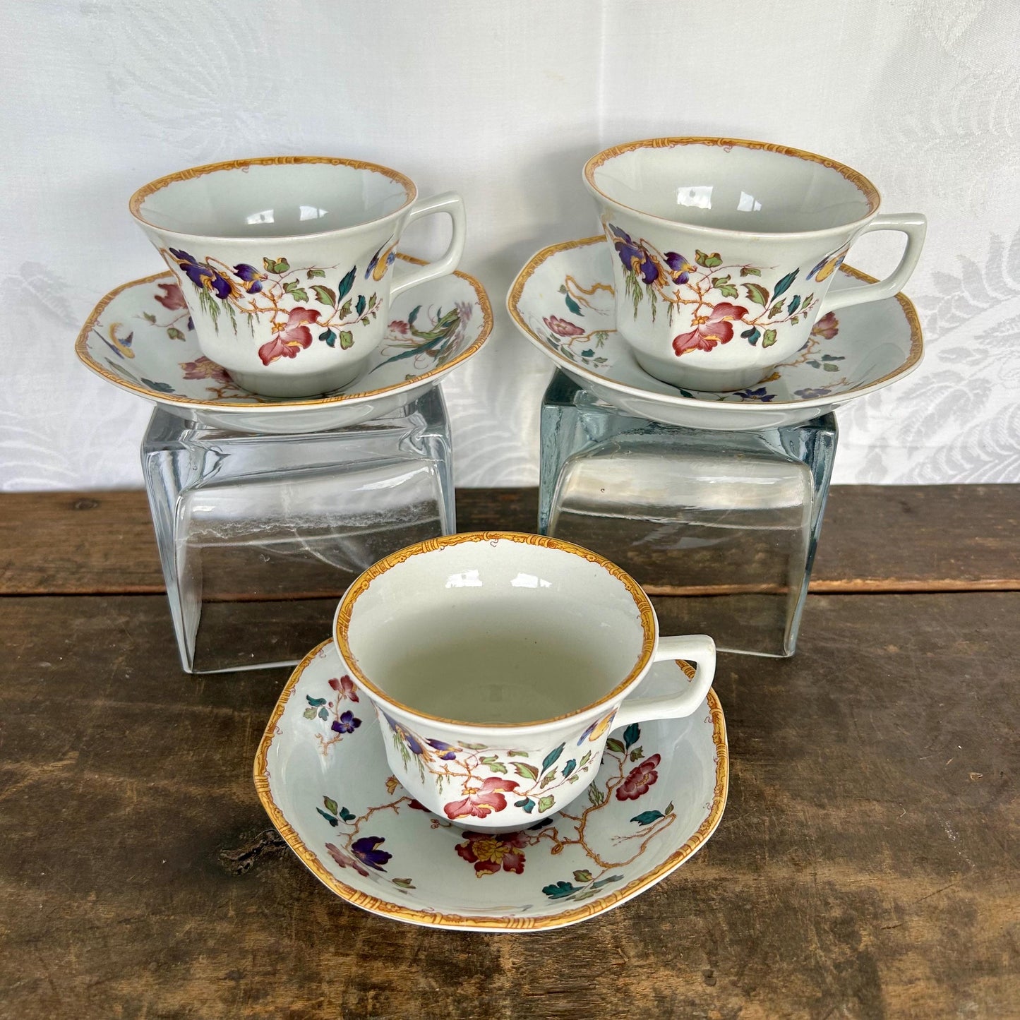 Set of 3 Vintage Wedgewood Devon Rose Georgetown Bone China Cup and Saucer