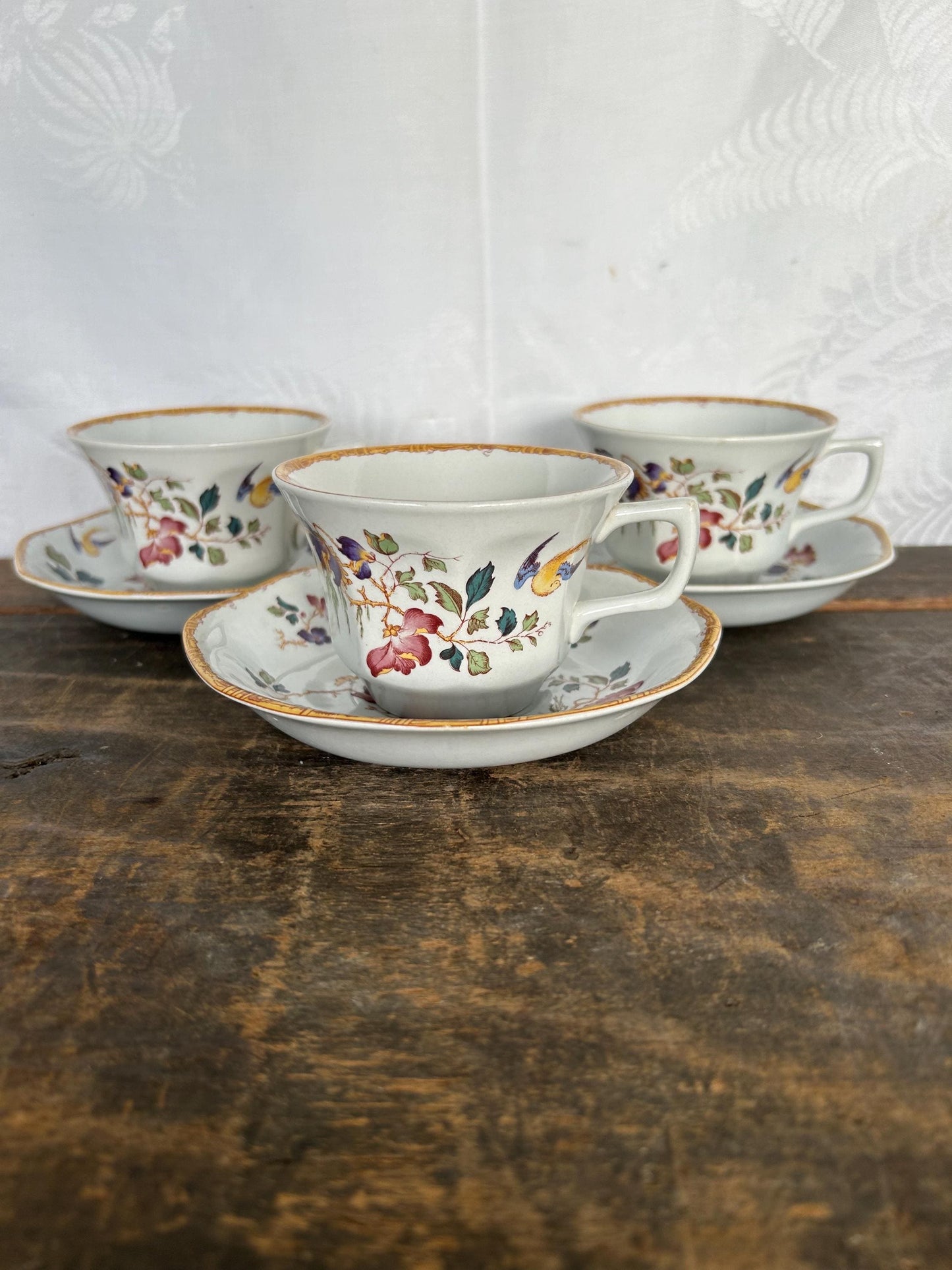 Set of 3 Vintage Wedgewood Devon Rose Georgetown Bone China Cup and Saucer