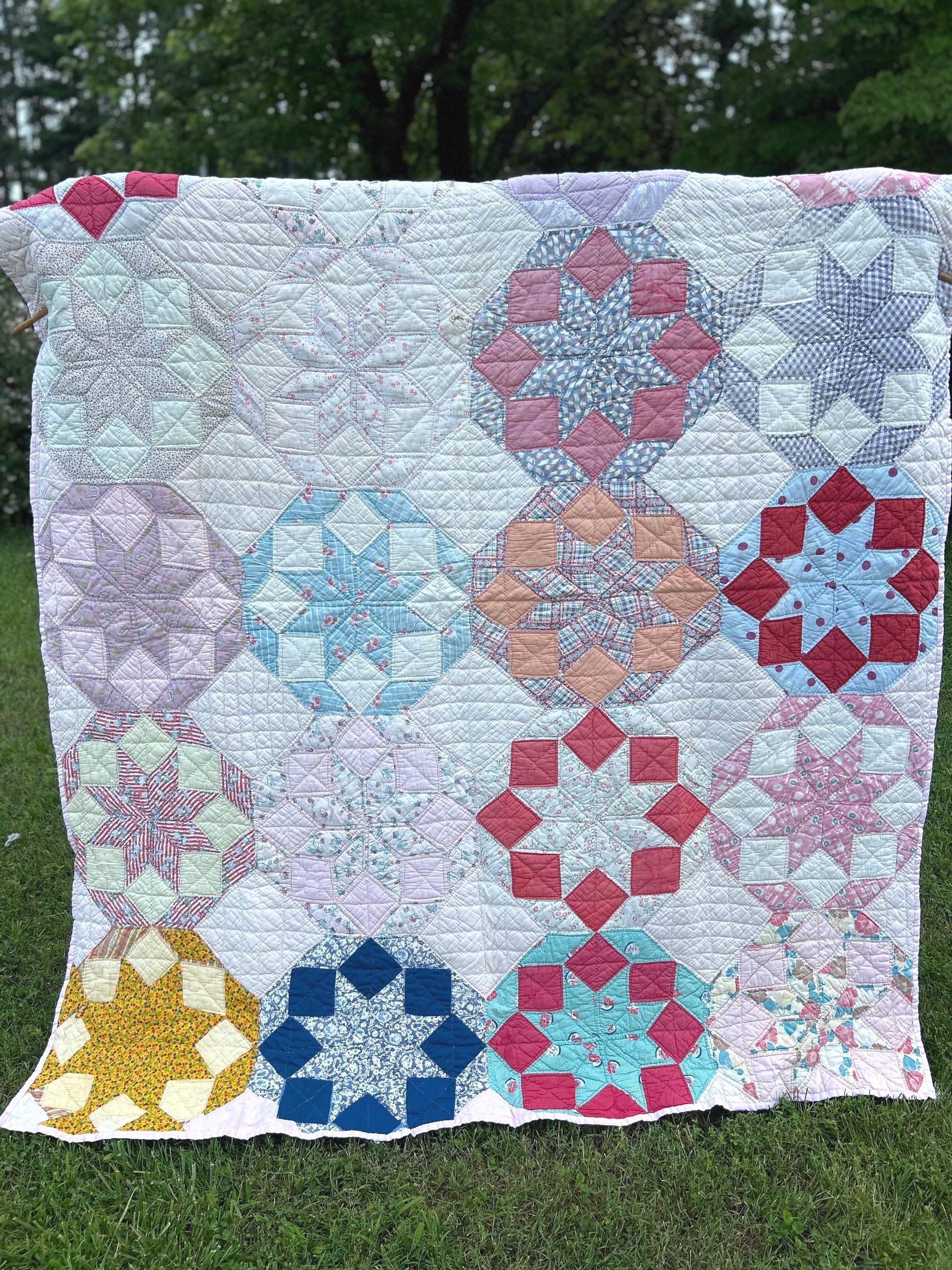 Awesome Vintage Patchwork Feedsack Quilt in a Star or Mandolin Pattern 80x70