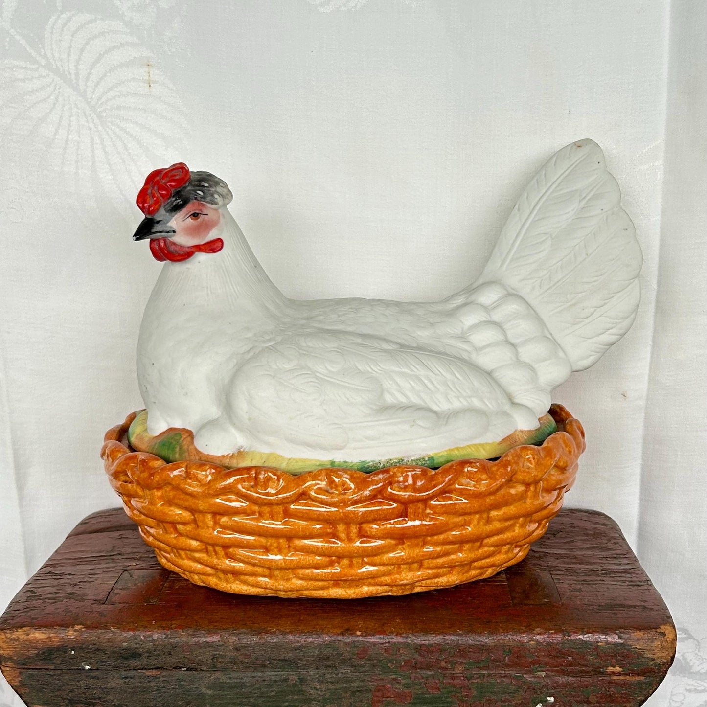 Antique Staffordshire England Bisque Chicken Hen on Nest with Eggs Tureen Bowl