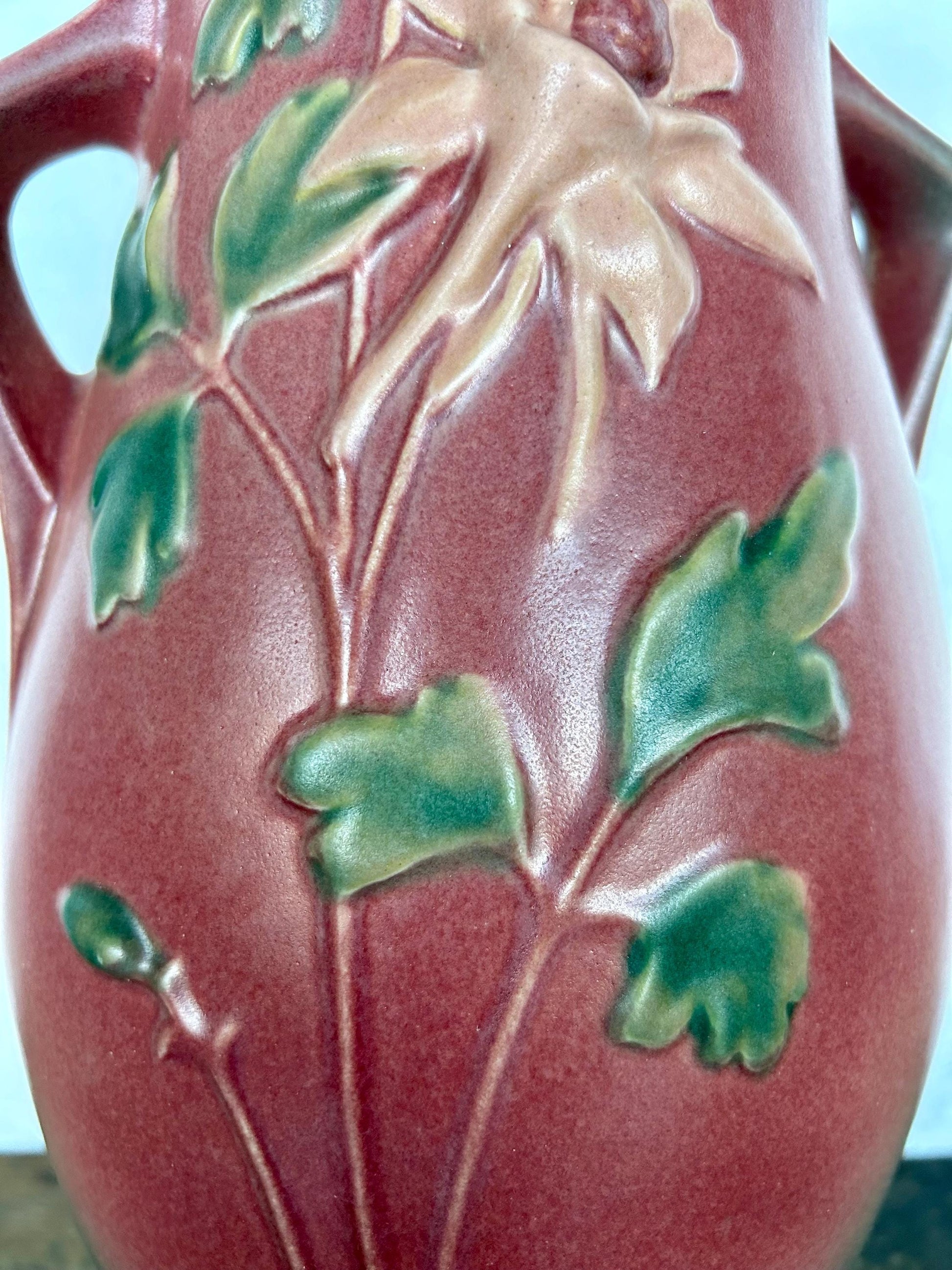 Roseville Pottery Vintage Columbine Floor Vase 27-16 in Pink and Green