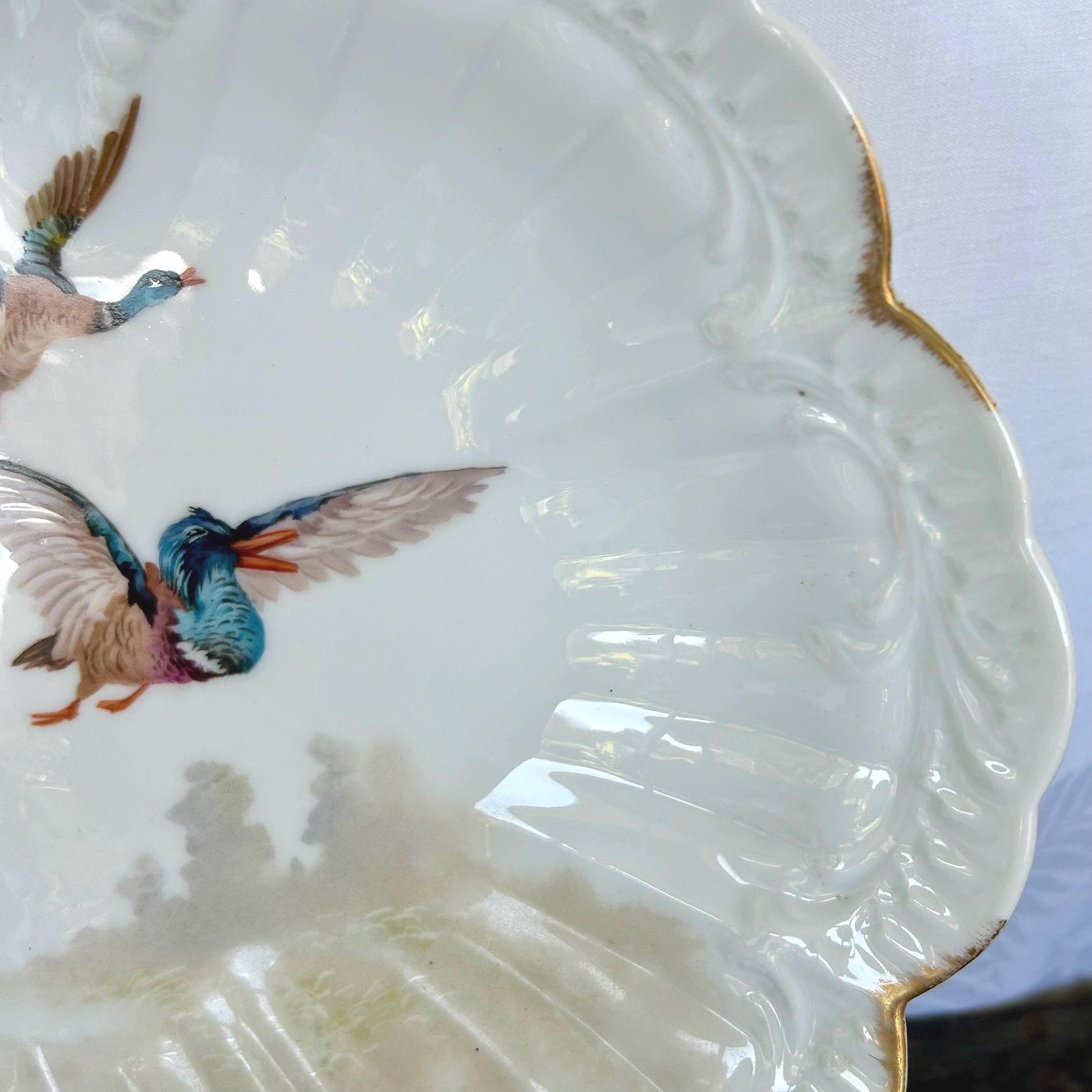 Huge Martial Redon Limoges Hand Painted Game Bird Duck Platter with Gilding, French Porcelain Platter c1890