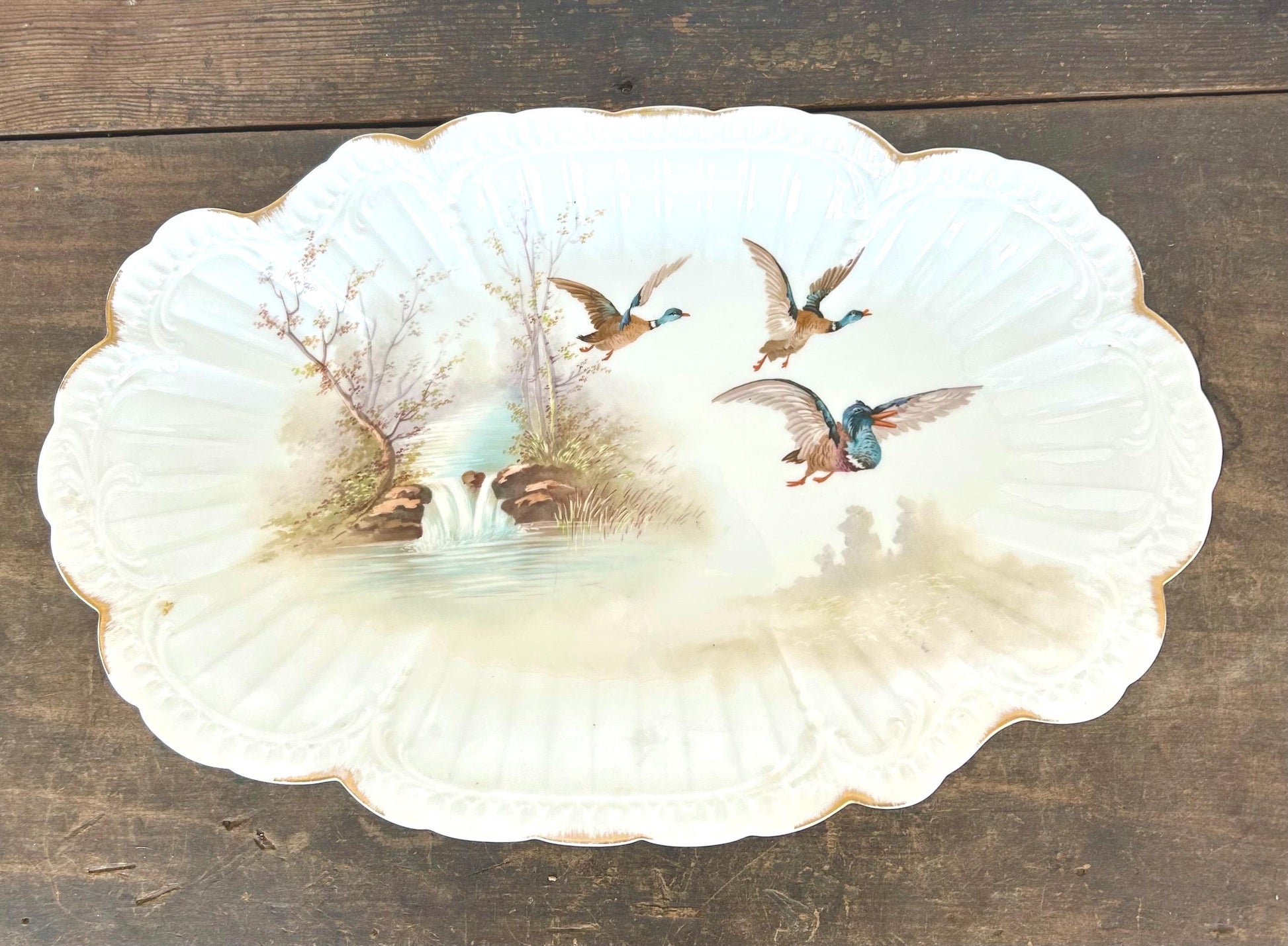 Huge Martial Redon Limoges Hand Painted Game Bird Duck Platter with Gilding, French Porcelain Platter c1890