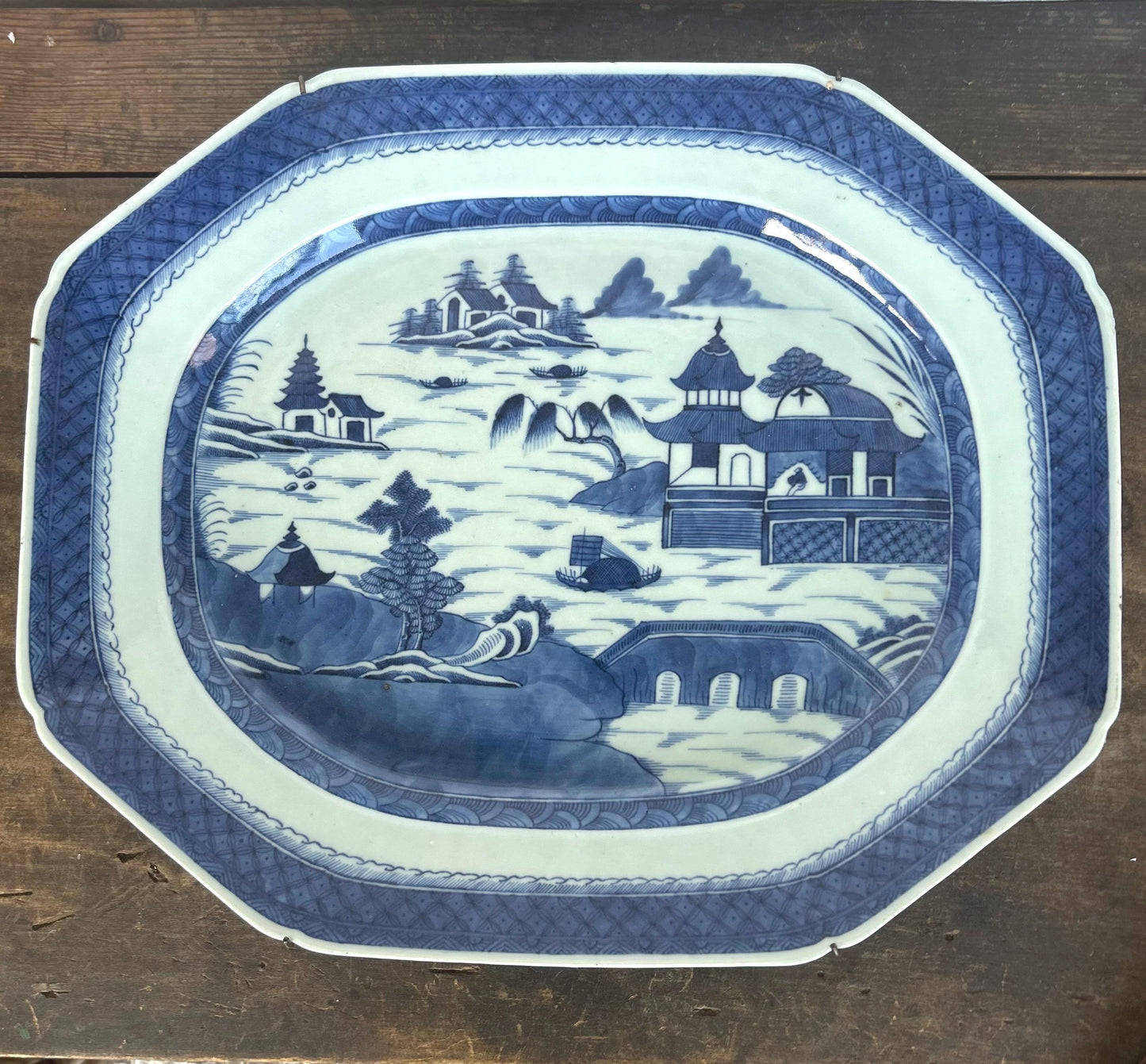 Large Antique 19th Century Blue and White Chinese Export Canton Pattern Octagonal Serving Platter