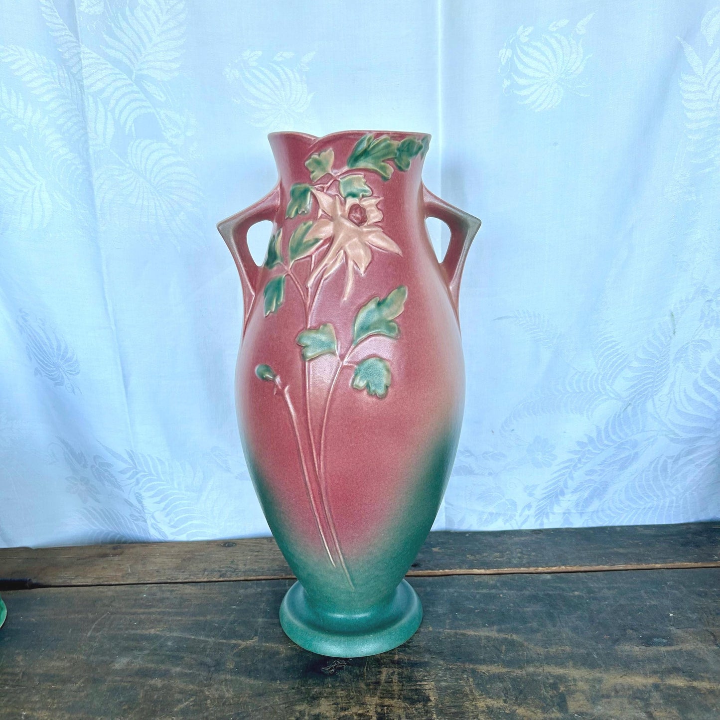 Roseville Pottery Vintage Columbine Floor Vase 27-16 in Pink and Green