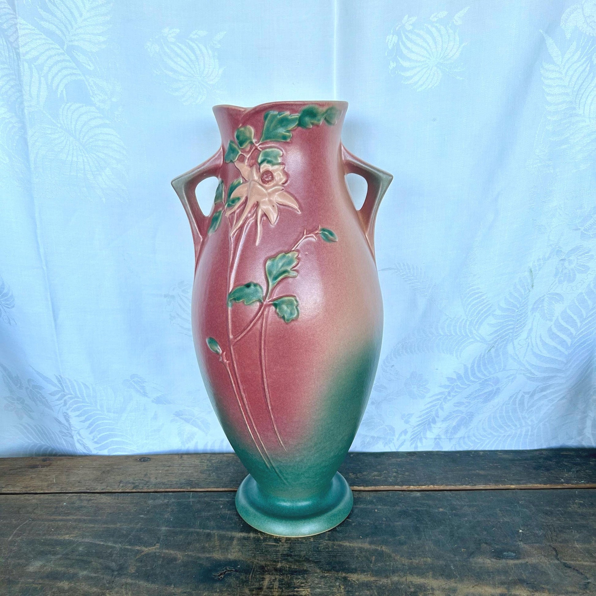 Roseville Pottery Vintage Columbine Floor Vase 27-16 in Pink and Green