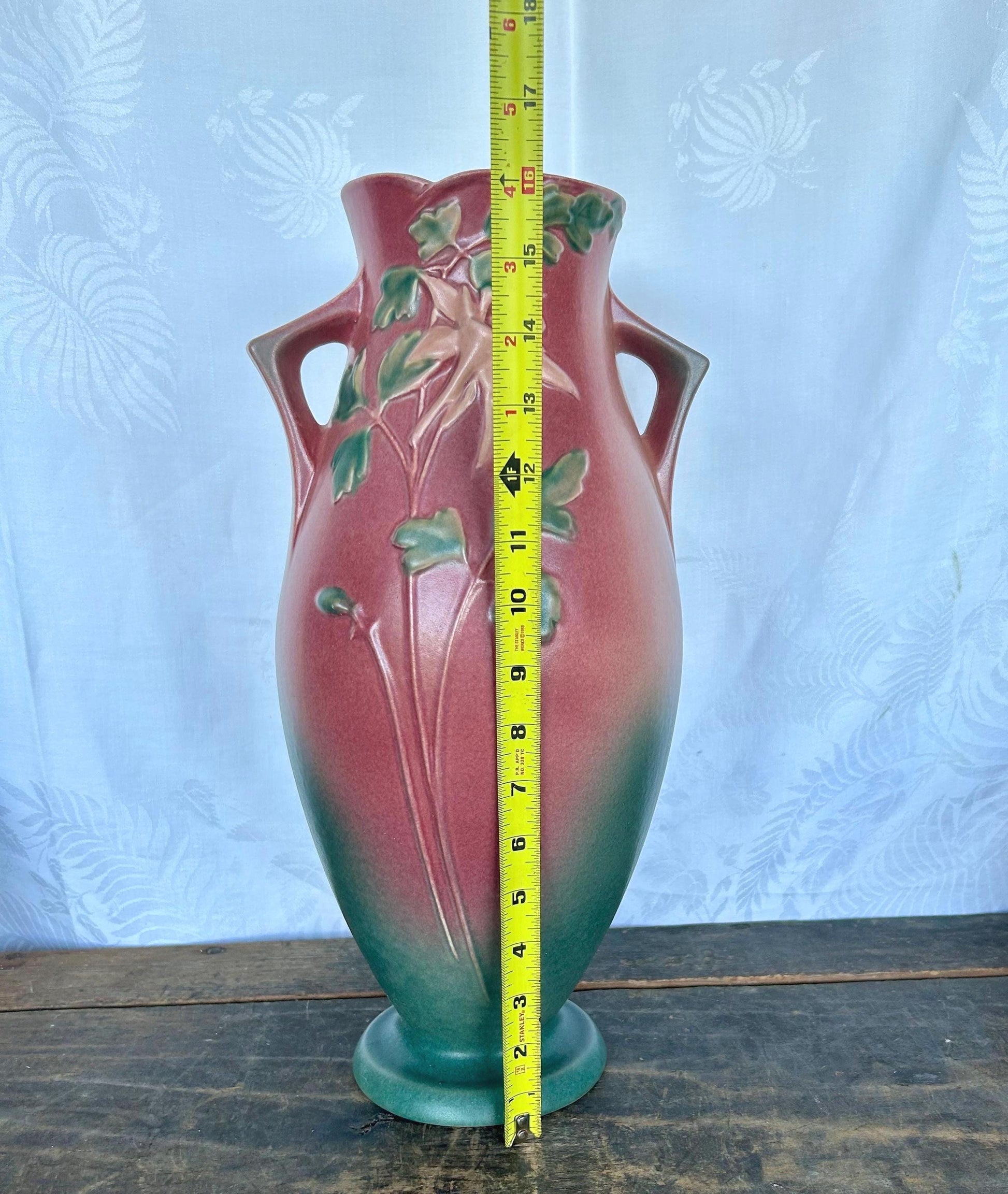 Roseville Pottery Vintage Columbine Floor Vase 27-16 in Pink and Green