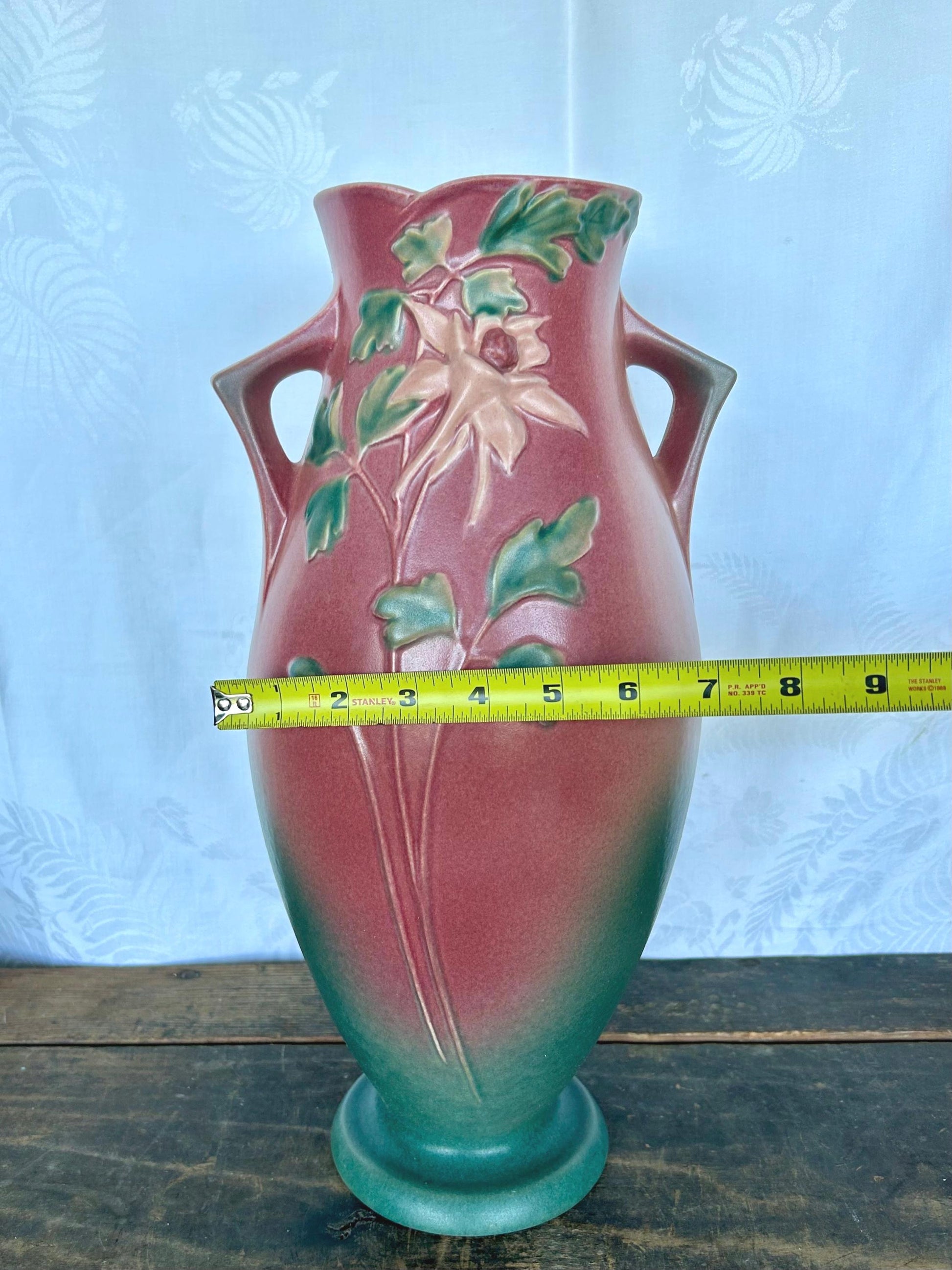 Roseville Pottery Vintage Columbine Floor Vase 27-16 in Pink and Green