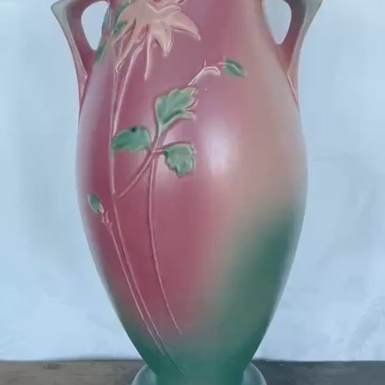 Roseville Pottery Vintage Columbine Floor Vase 27-16 in Pink and Green