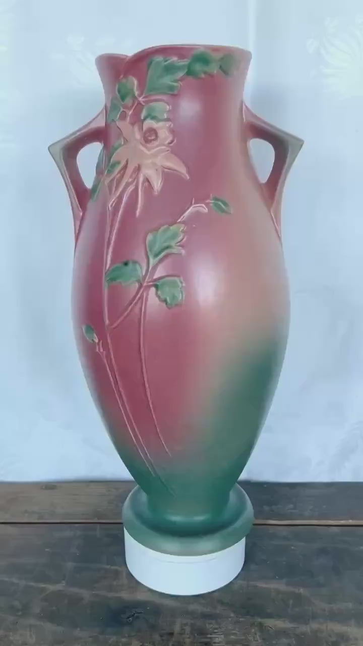 Roseville Pottery Vintage Columbine Floor Vase 27-16 in Pink and Green