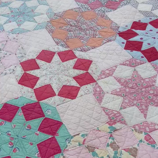 Awesome Vintage Patchwork Feedsack Quilt in a Star or Mandolin Pattern 80x70