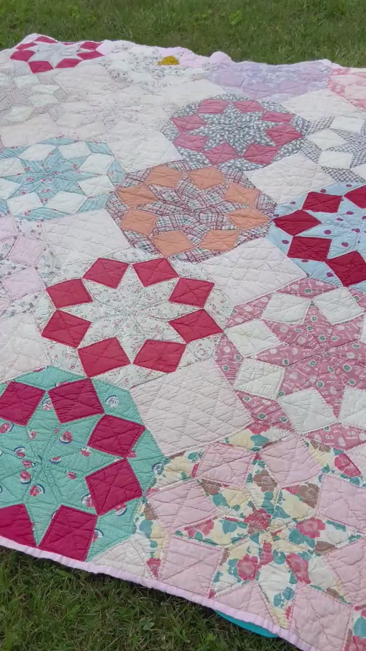 Awesome Vintage Patchwork Feedsack Quilt in a Star or Mandolin Pattern 80x70